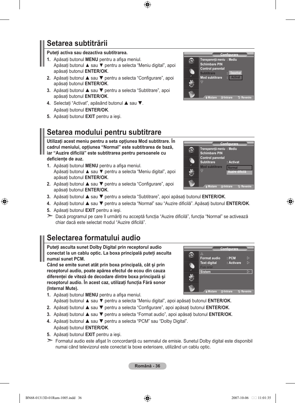 Setarea subtitrării, Setarea modului pentru subtitrare, Selectarea formatului audio | Samsung LE70F96BD User Manual | Page 550 / 578