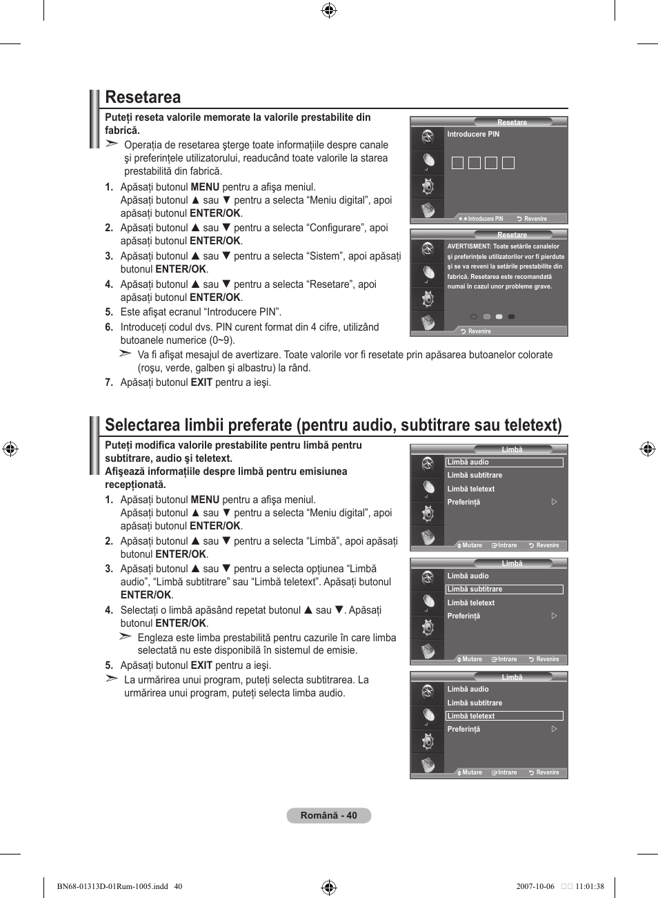Resetarea | Samsung LE70F96BD User Manual | Page 554 / 578