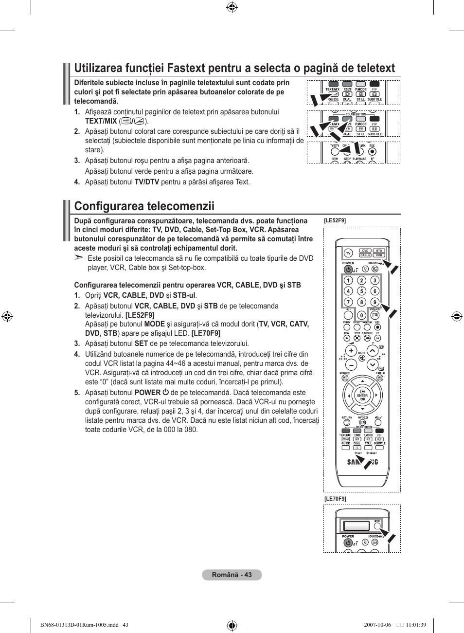 Configurarea telecomenzii | Samsung LE70F96BD User Manual | Page 557 / 578