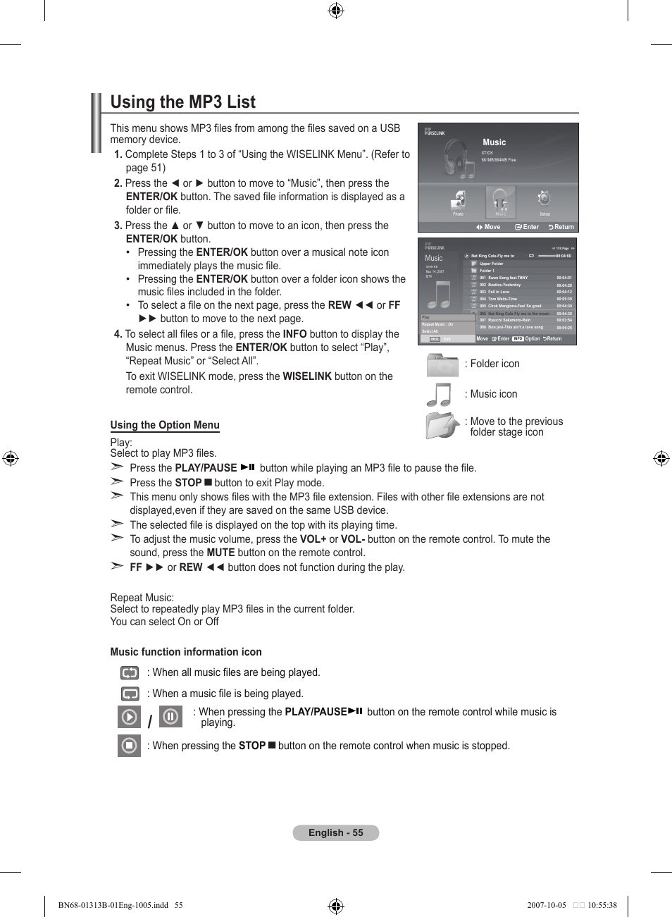 Using the mp3 list, Using the mp list | Samsung LE70F96BD User Manual | Page 57 / 578