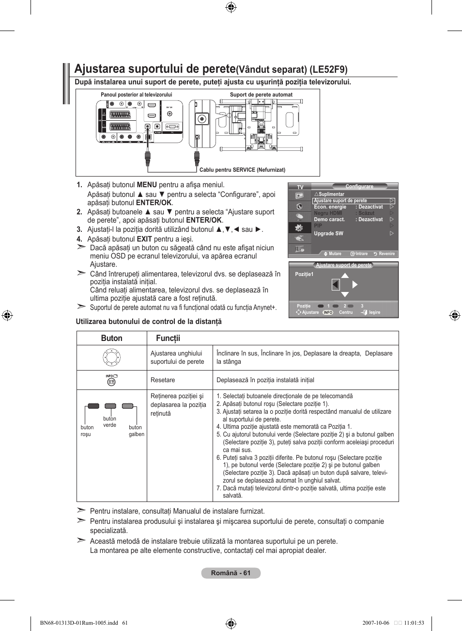 Ajustarea suportului de perete, Vândut separat) (le5f9), Buton funcţii | Samsung LE70F96BD User Manual | Page 575 / 578