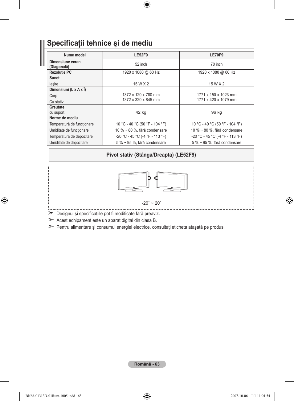 Specificaţii tehnice şi de mediu | Samsung LE70F96BD User Manual | Page 577 / 578