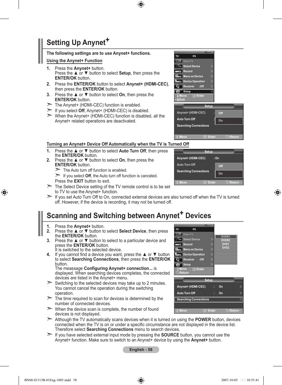 Setting up anynet, Scanning and switching between anynet+ devices | Samsung LE70F96BD User Manual | Page 60 / 578