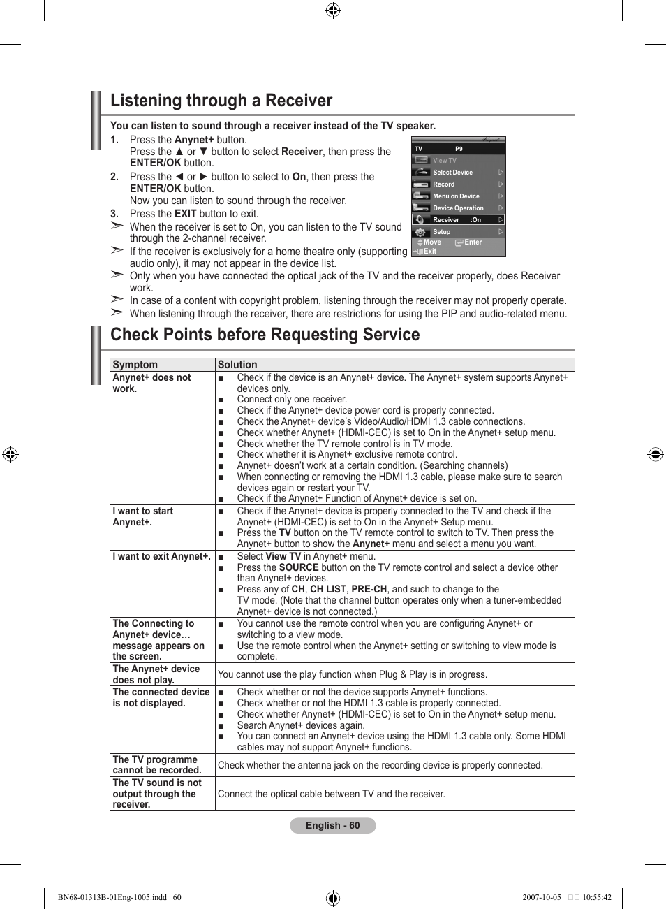 Listening through a receiver, Check points before requesting service | Samsung LE70F96BD User Manual | Page 62 / 578