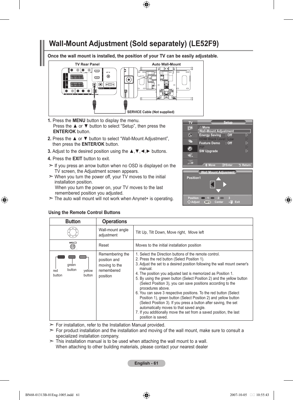 Recommendations for use, Wall-mount adjustment (sold separately) (le52f9), Button operations | Samsung LE70F96BD User Manual | Page 63 / 578