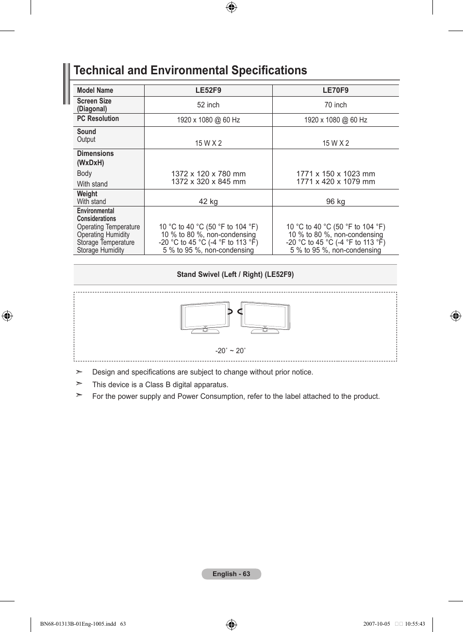 Technical and environmental specifications | Samsung LE70F96BD User Manual | Page 65 / 578