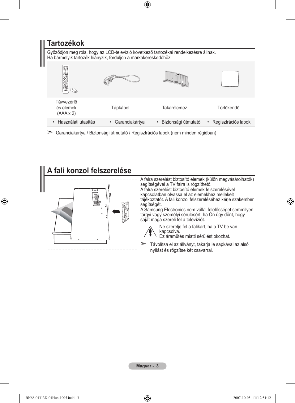 Tartozékok, A fali konzol felszerelése | Samsung LE70F96BD User Manual | Page 69 / 578
