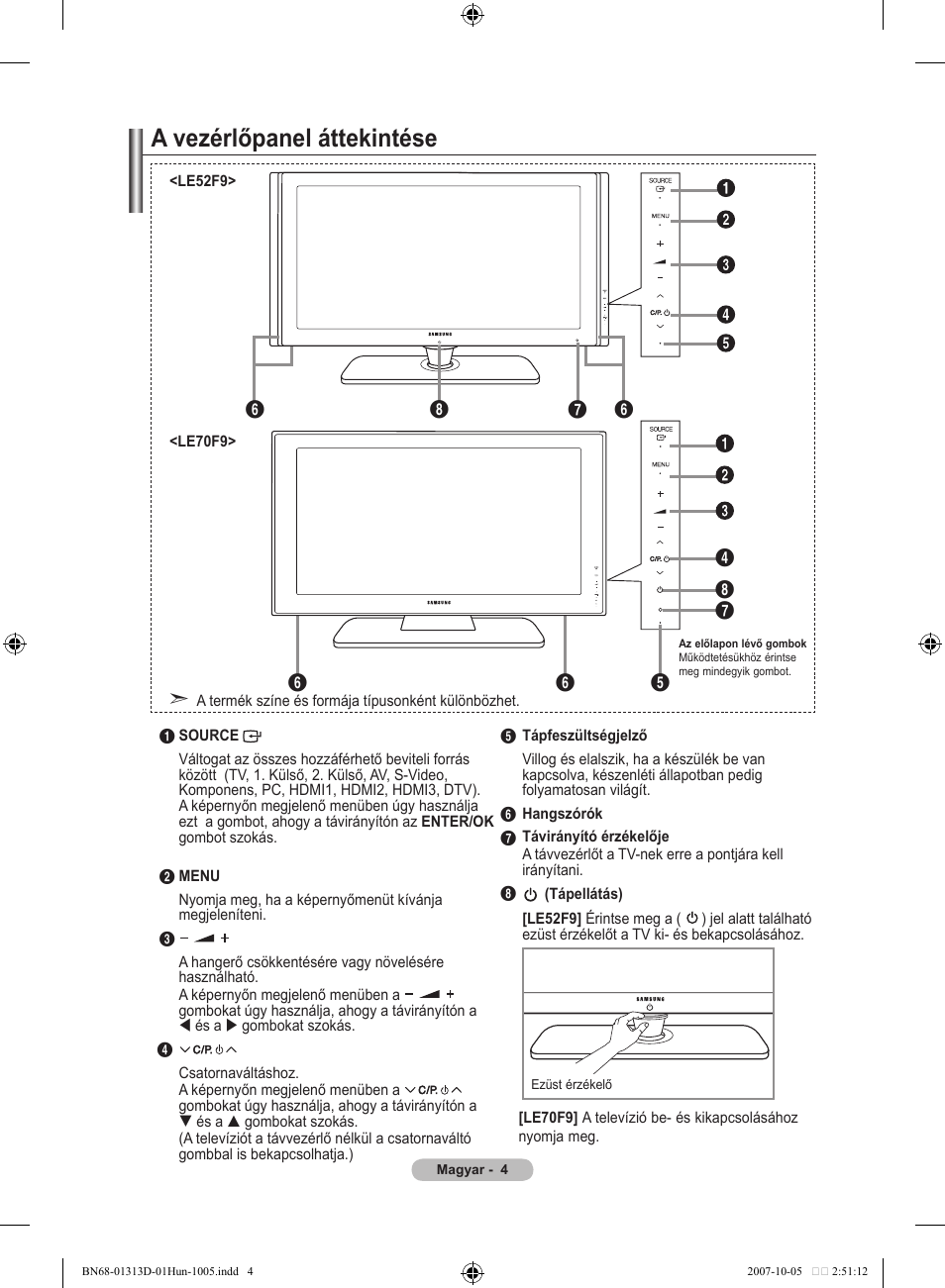 A vezérlőpanel áttekintése | Samsung LE70F96BD User Manual | Page 70 / 578