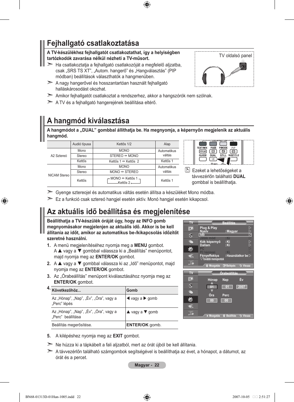 Fejhallgató csatlakoztatása, A hangmód kiválasztása, Az aktuális idő beállítása és megjelenítése | Samsung LE70F96BD User Manual | Page 88 / 578