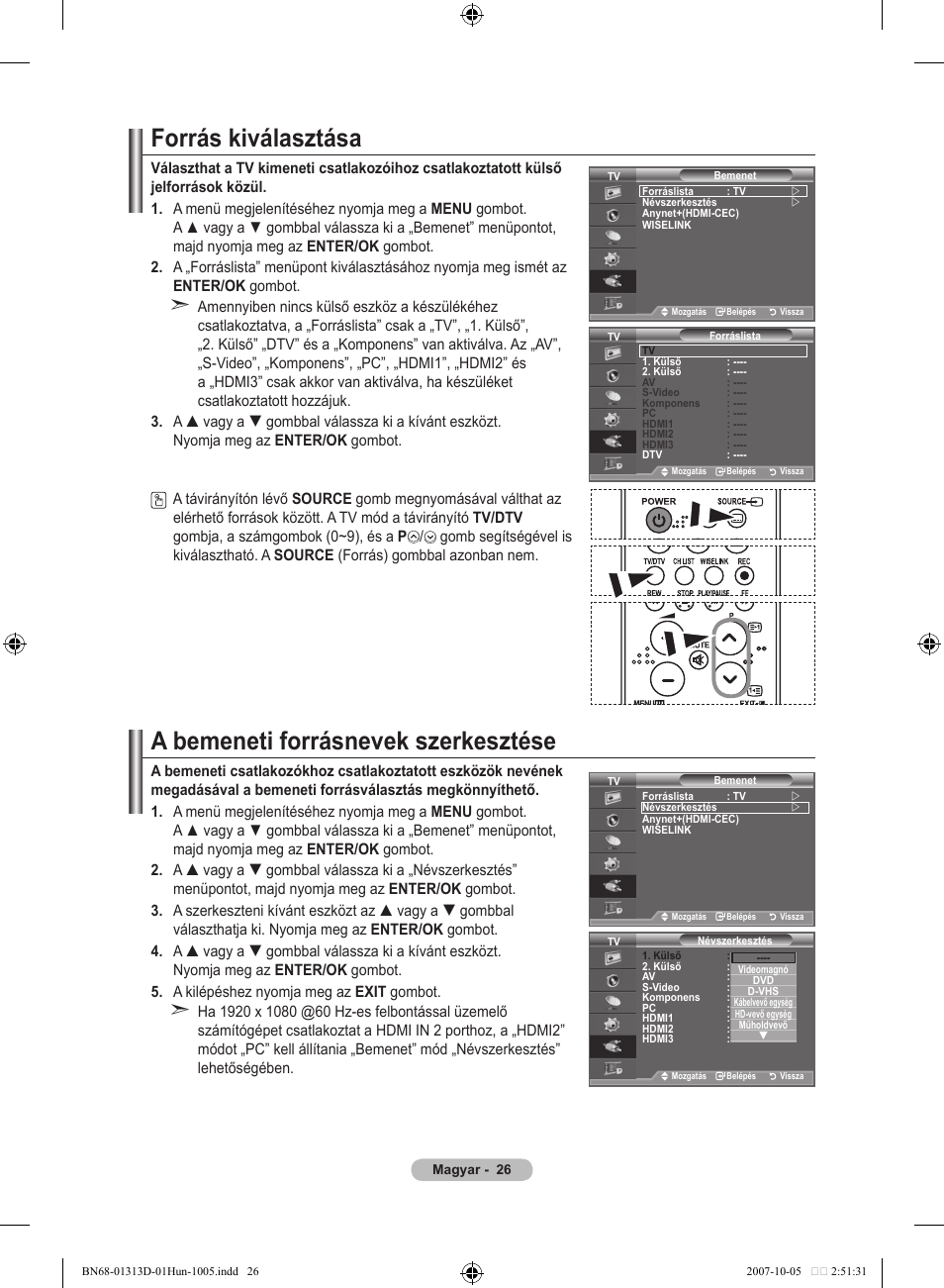 Forrás kiválasztása, A bemeneti forrásnevek szerkesztése | Samsung LE70F96BD User Manual | Page 92 / 578