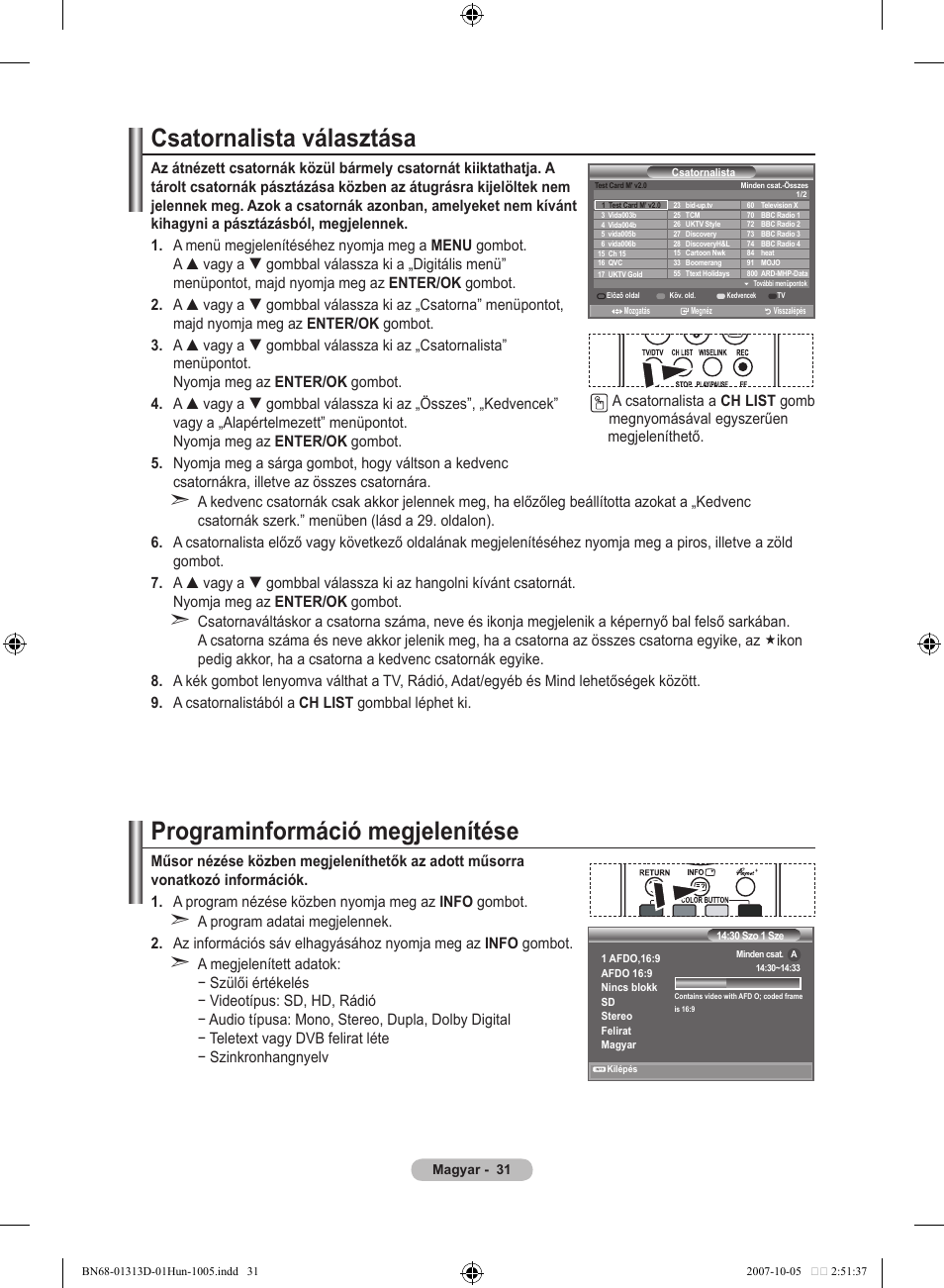 Csatornalista választása, Programinformáció megjelenítése | Samsung LE70F96BD User Manual | Page 97 / 578