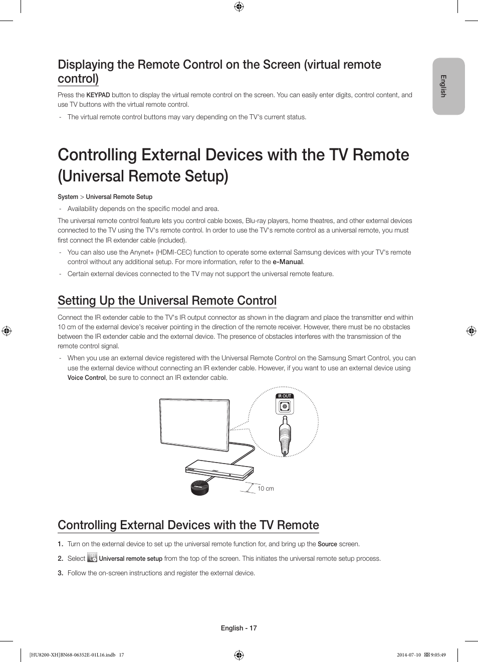 Controlling external devices with the tv remote, Universal remote setup, Setting up the universal remote control | Samsung UE55HU8200L User Manual | Page 17 / 385