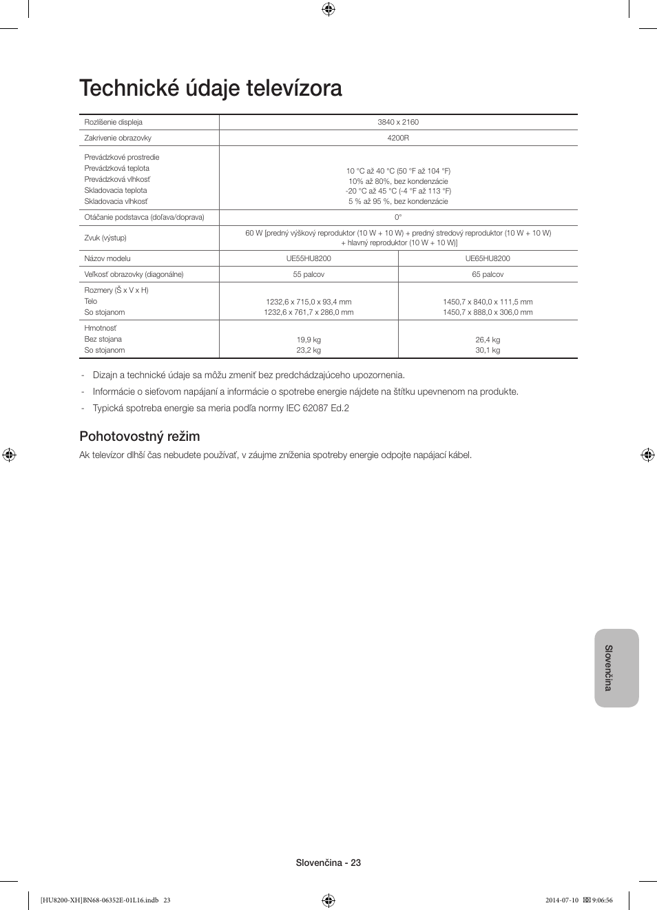 Technické údaje televízora, Pohotovostný režim | Samsung UE55HU8200L User Manual | Page 191 / 385