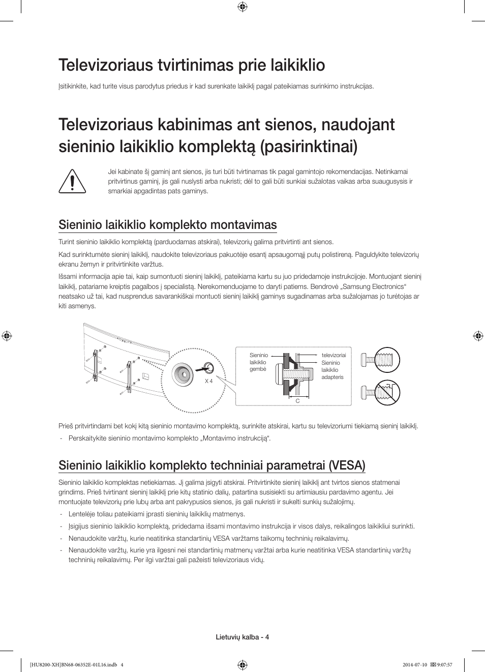 Televizoriaus tvirtinimas prie laikiklio, Sieninio laikiklio komplekto montavimas | Samsung UE55HU8200L User Manual | Page 340 / 385