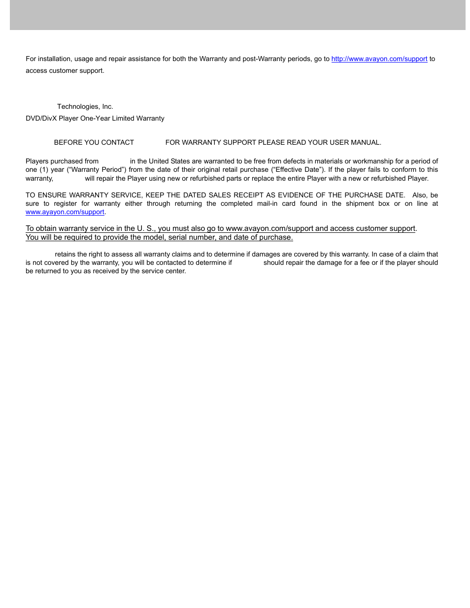 Customer support and warranty | Avayon DXP-7P User Manual | Page 35 / 36