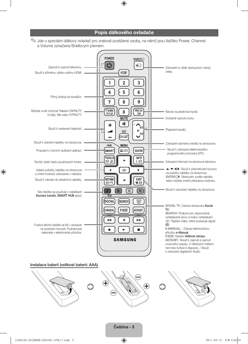 Popis dálkového ovladače | Samsung UE40D6120SW User Manual | Page 127 / 344