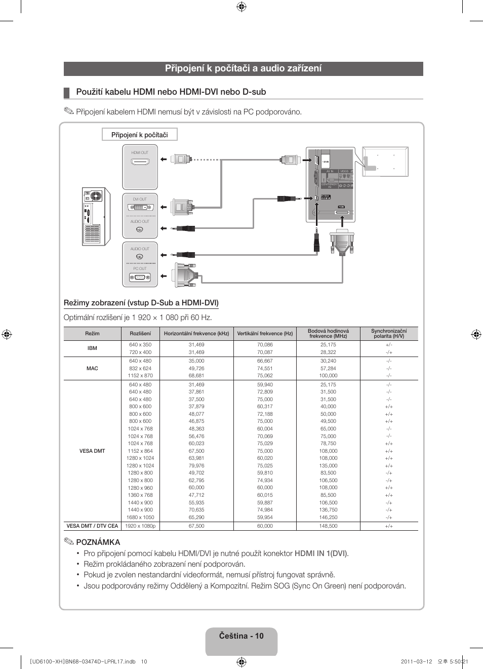 Připojení k počítači a audio zařízení, Použití kabelu hdmi nebo hdmi-dvi nebo d-sub | Samsung UE40D6120SW User Manual | Page 132 / 344