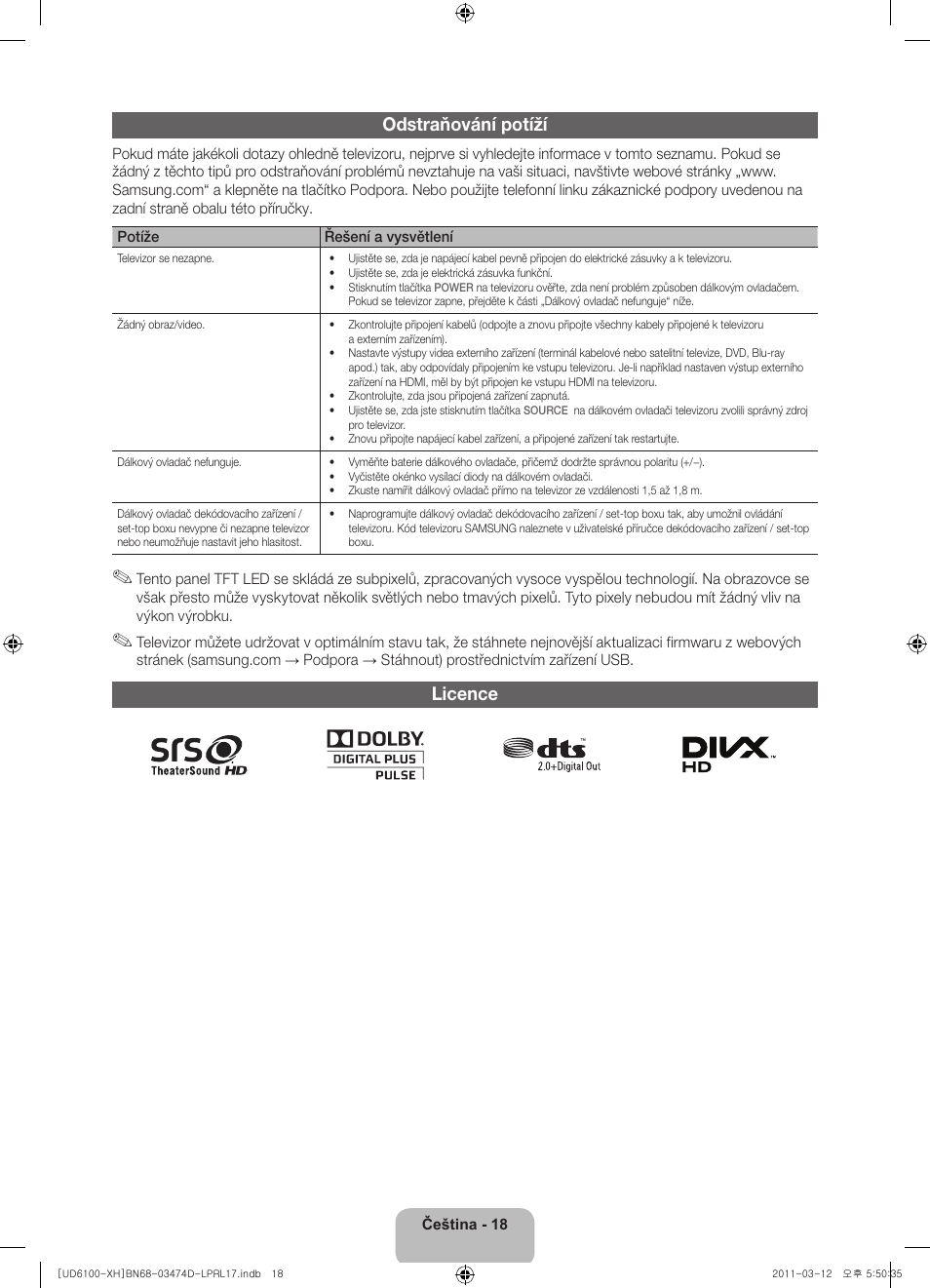 Odstraňování potíží, Licence | Samsung UE40D6120SW User Manual | Page 140 / 344