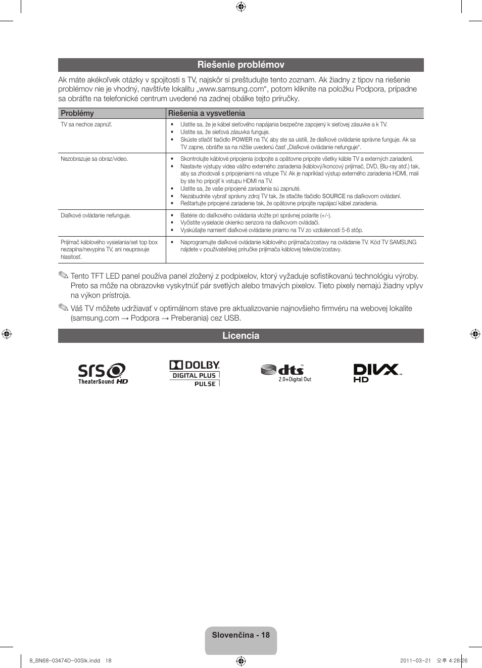 Riešenie problémov, Licencia | Samsung UE40D6120SW User Manual | Page 160 / 344