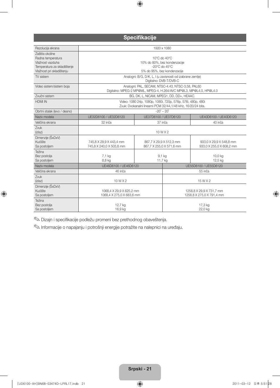 Specifikacije | Samsung UE40D6120SW User Manual | Page 203 / 344