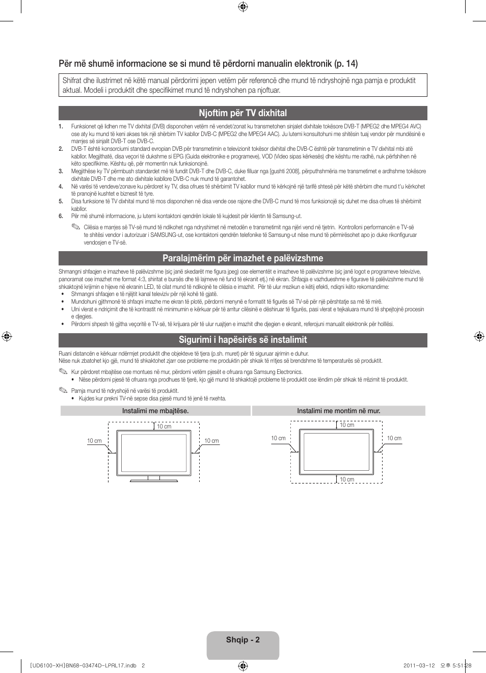 Njoftim për tv dixhital, Paralajmërim për imazhet e palëvizshme, Sigurimi i hapësirës së instalimit | Samsung UE40D6120SW User Manual | Page 204 / 344