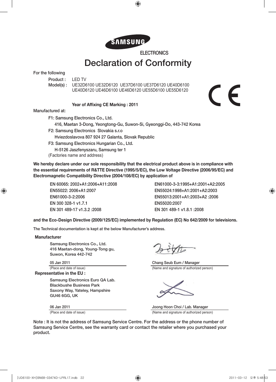 Declaration of conformity, Electronics | Samsung UE40D6120SW User Manual | Page 22 / 344