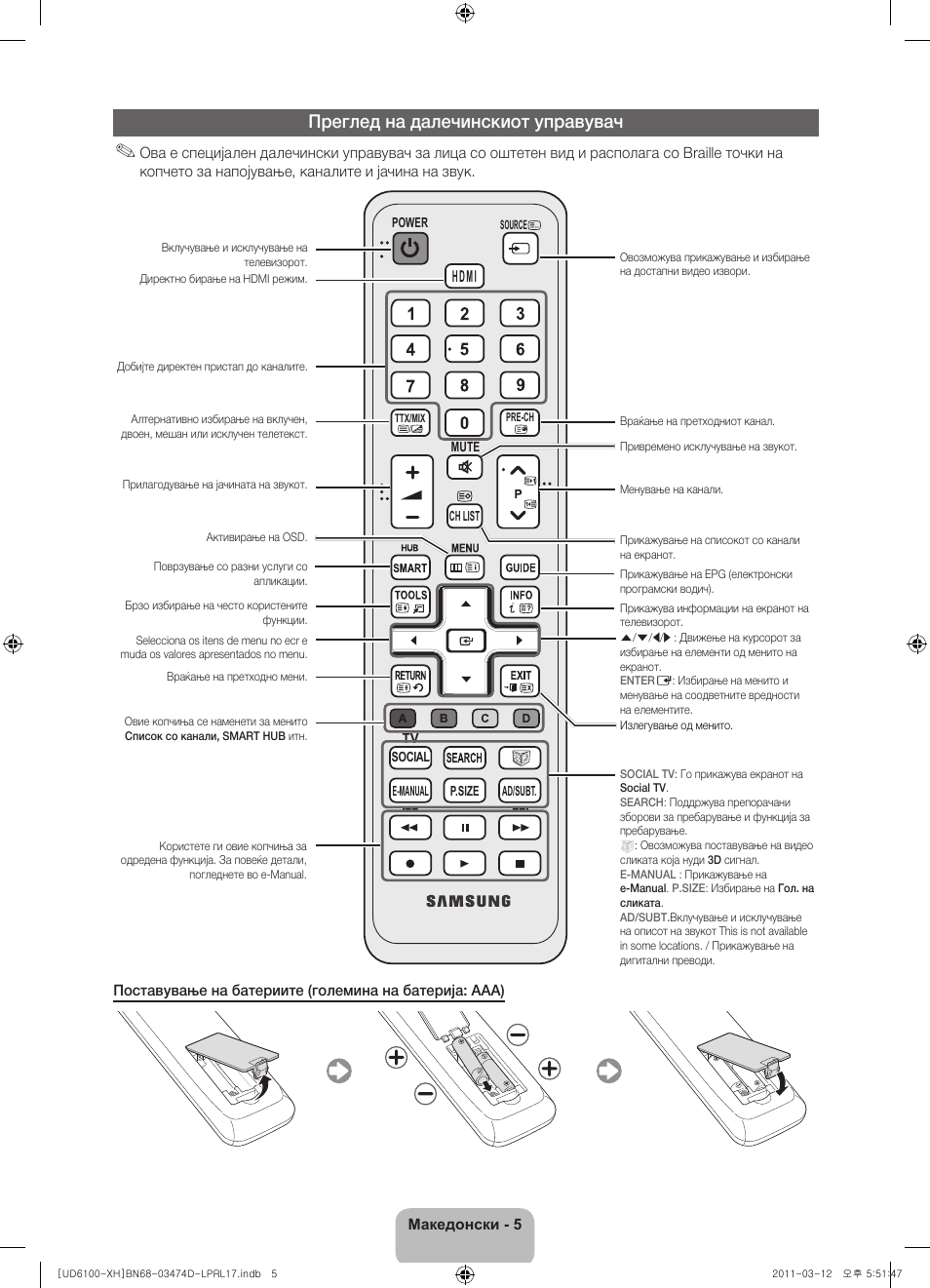 Преглед на далечинскиот управувач | Samsung UE40D6120SW User Manual | Page 227 / 344
