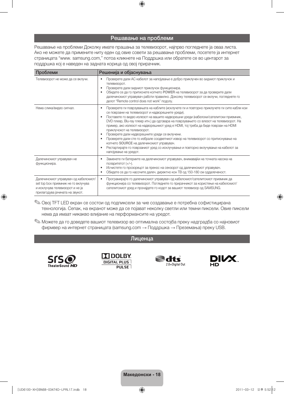 Решавање на проблеми, Лиценца | Samsung UE40D6120SW User Manual | Page 240 / 344