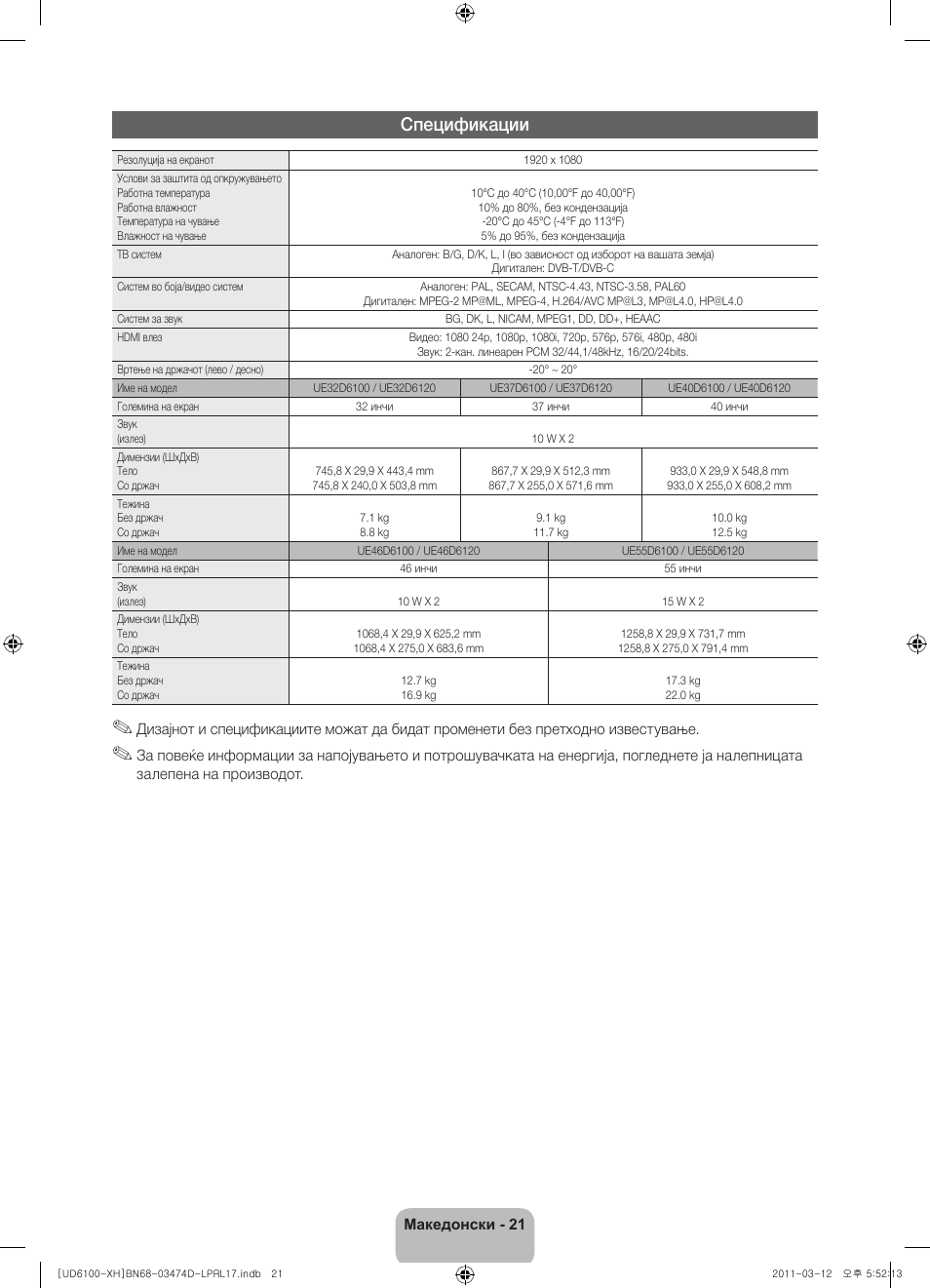 Спецификации | Samsung UE40D6120SW User Manual | Page 243 / 344