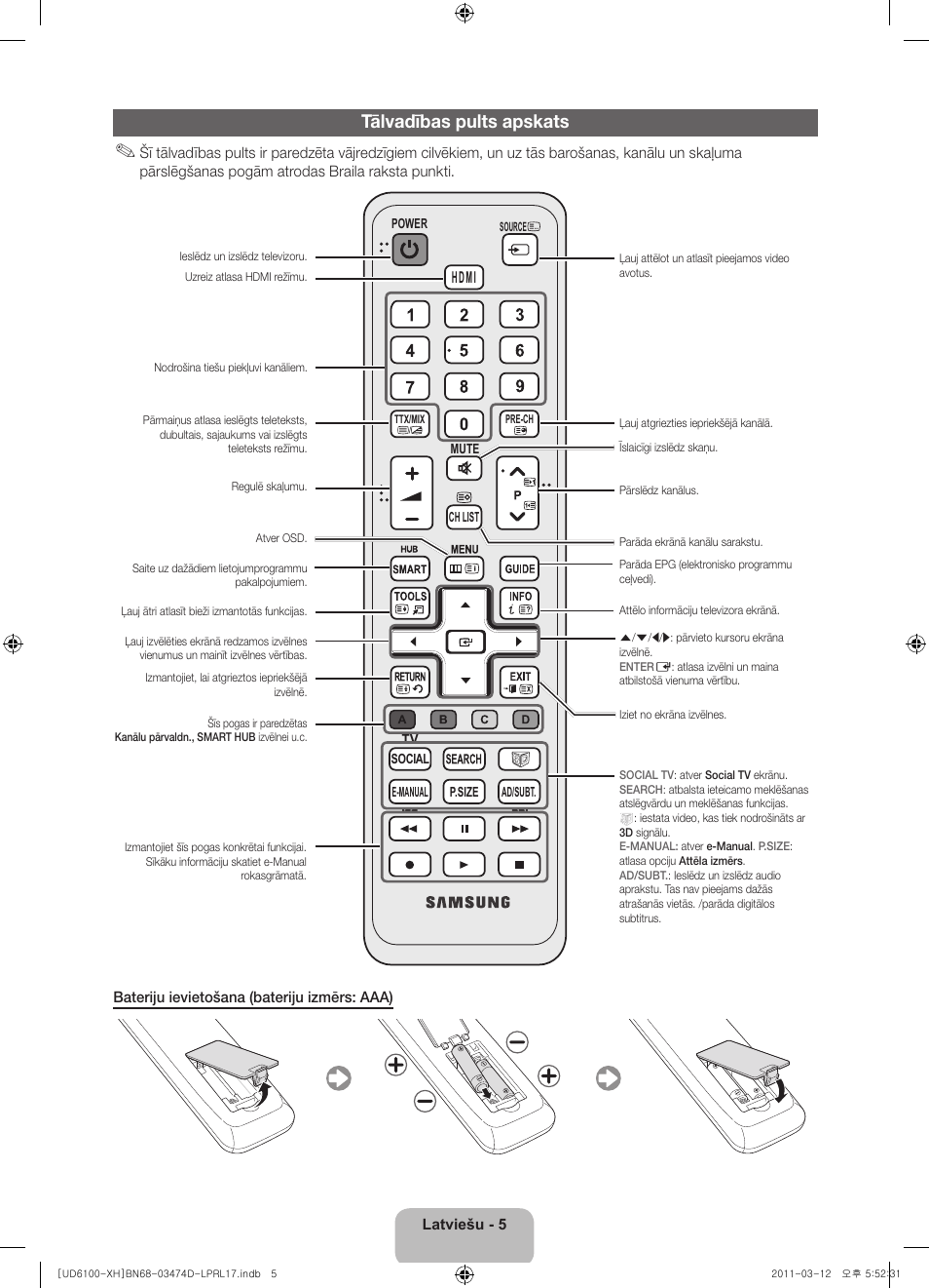 Tālvadības pults apskats | Samsung UE40D6120SW User Manual | Page 267 / 344