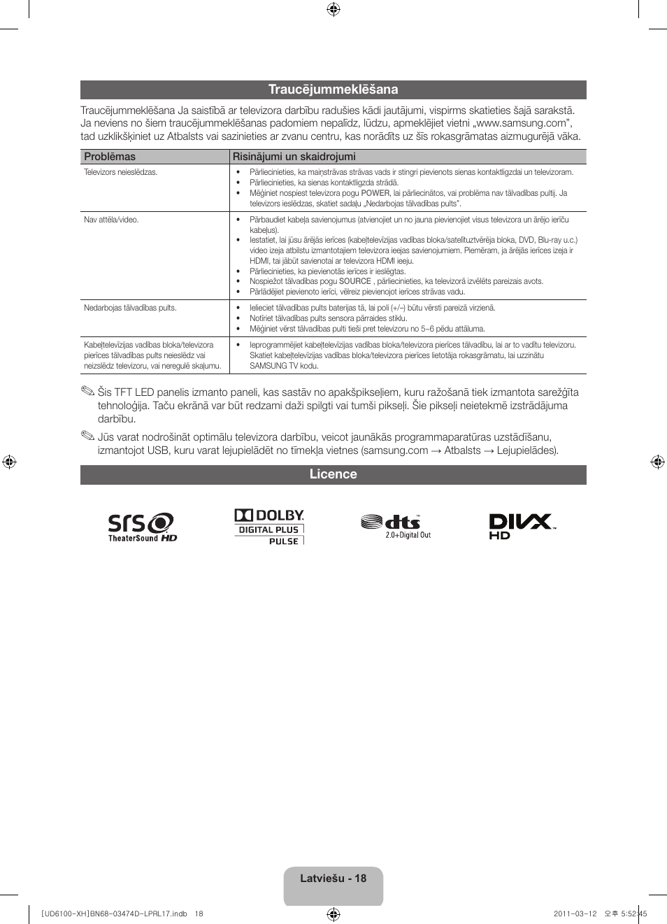 Traucējummeklēšana, Licence | Samsung UE40D6120SW User Manual | Page 280 / 344