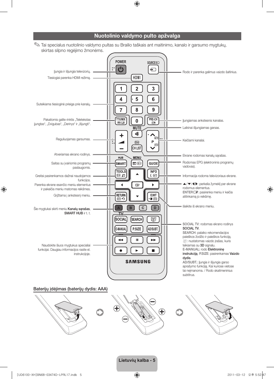 Nuotolinio valdymo pulto apžvalga | Samsung UE40D6120SW User Manual | Page 287 / 344