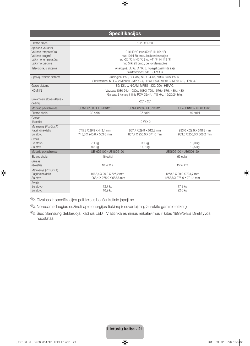 Specifikacijos | Samsung UE40D6120SW User Manual | Page 303 / 344