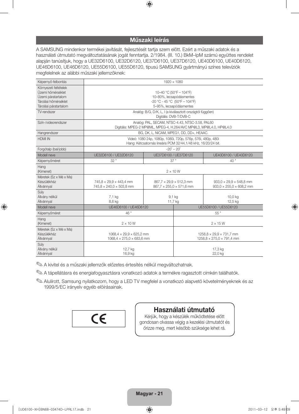 Használati útmutató, Műszaki leírás | Samsung UE40D6120SW User Manual | Page 43 / 344