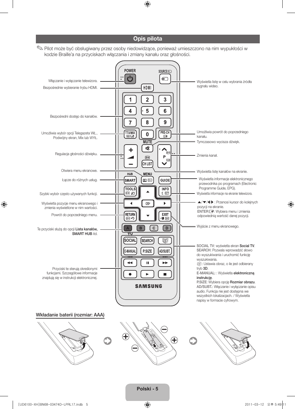Opis pilota | Samsung UE40D6120SW User Manual | Page 47 / 344