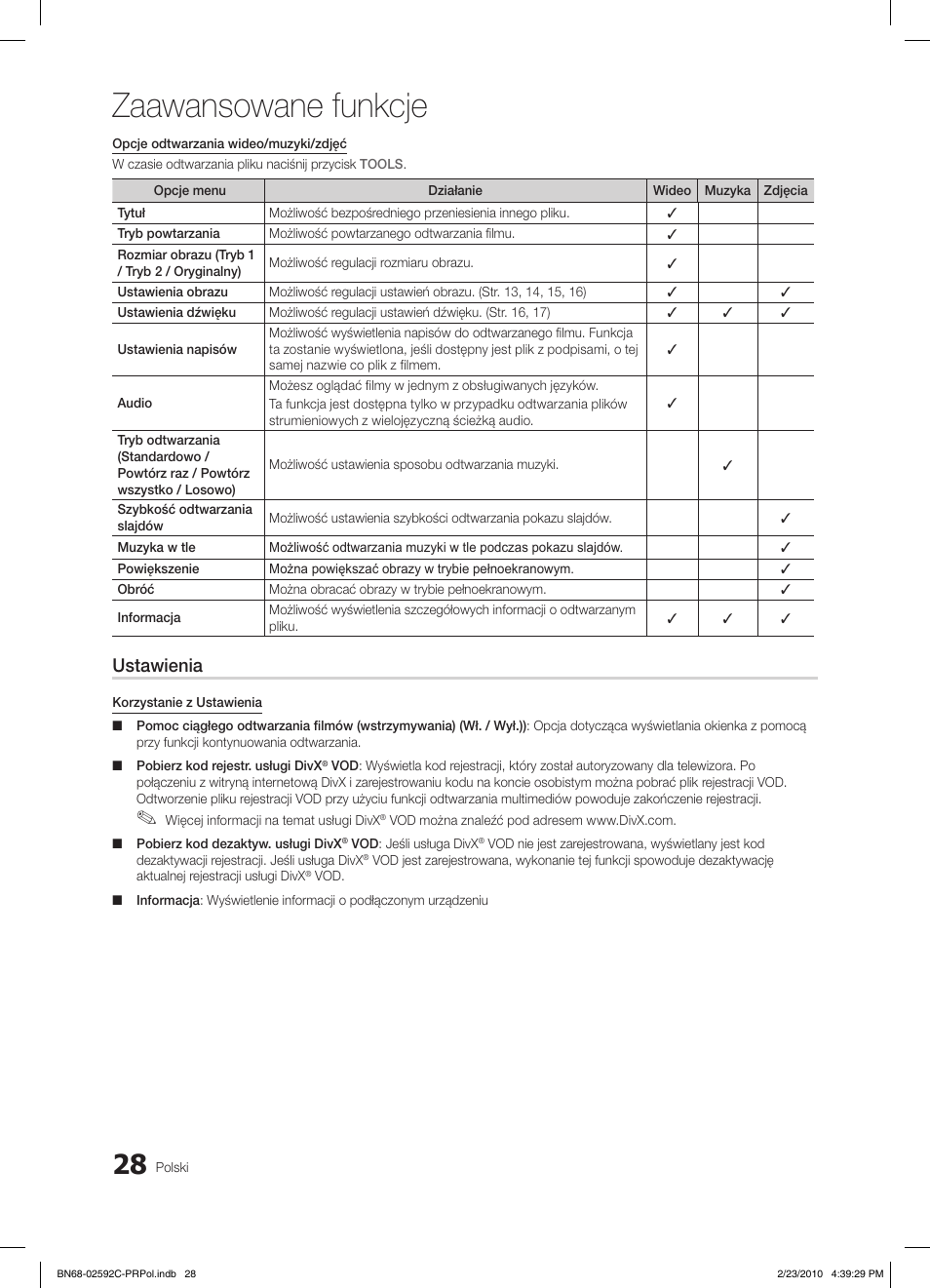 Zaawansowane funkcje, Ustawienia | Samsung LE32C450E1W User Manual | Page 106 / 391