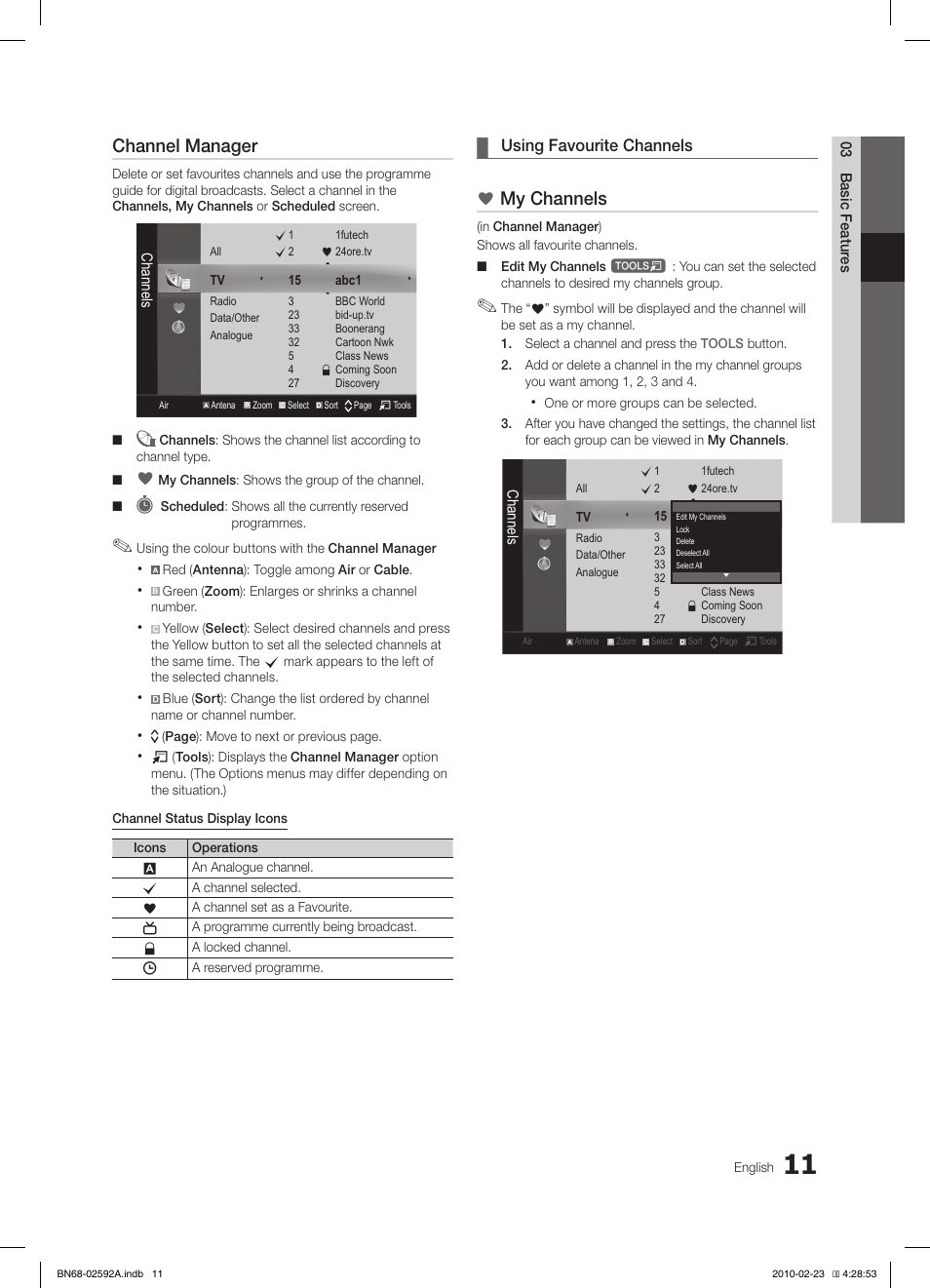 Channel manager, My channels, Using favourite channels | Samsung LE32C450E1W User Manual | Page 11 / 391