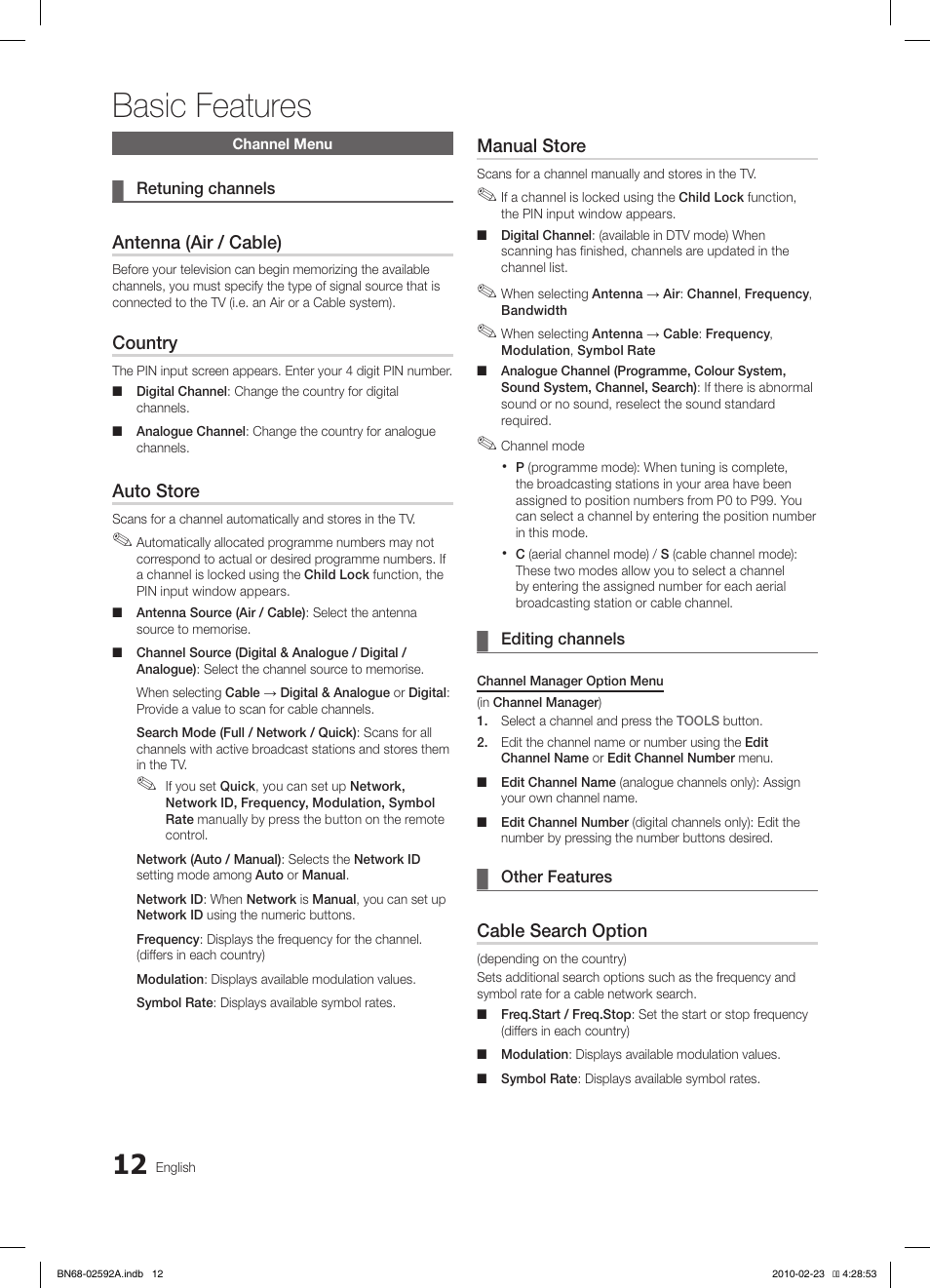 Basic features, Antenna (air / cable), Country | Auto store, Manual store, Cable search option | Samsung LE32C450E1W User Manual | Page 12 / 391