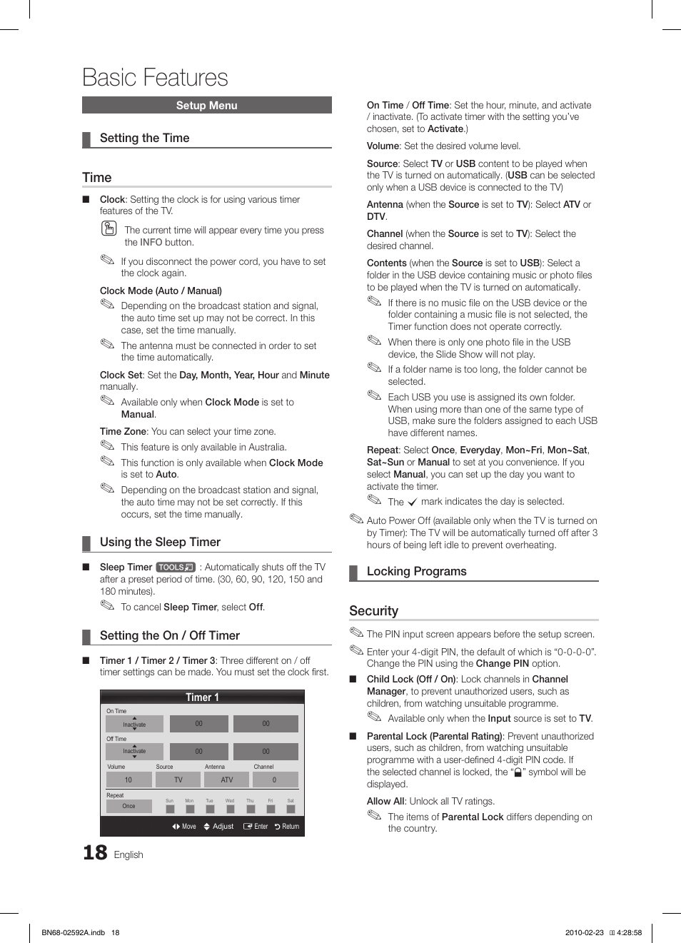 Basic features, Time, Security | Samsung LE32C450E1W User Manual | Page 18 / 391