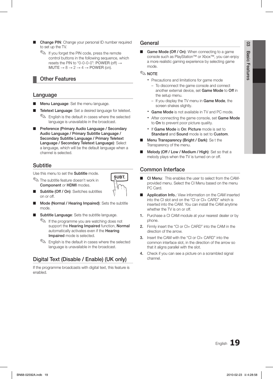 Other features ¦ language, Subtitle, Digital text (disable / enable) (uk only) | General, Common interface | Samsung LE32C450E1W User Manual | Page 19 / 391