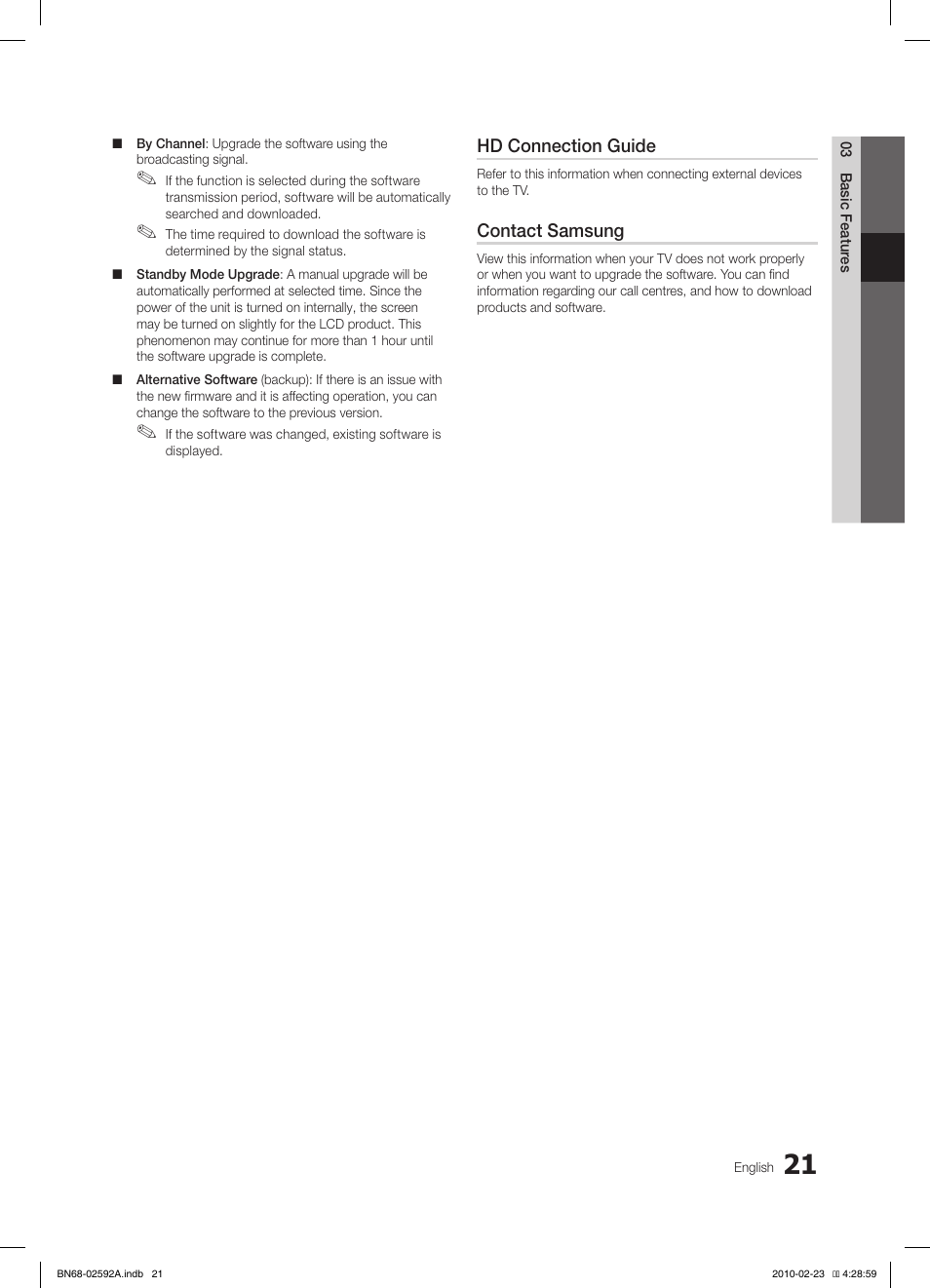 Hd connection guide, Contact samsung | Samsung LE32C450E1W User Manual | Page 21 / 391