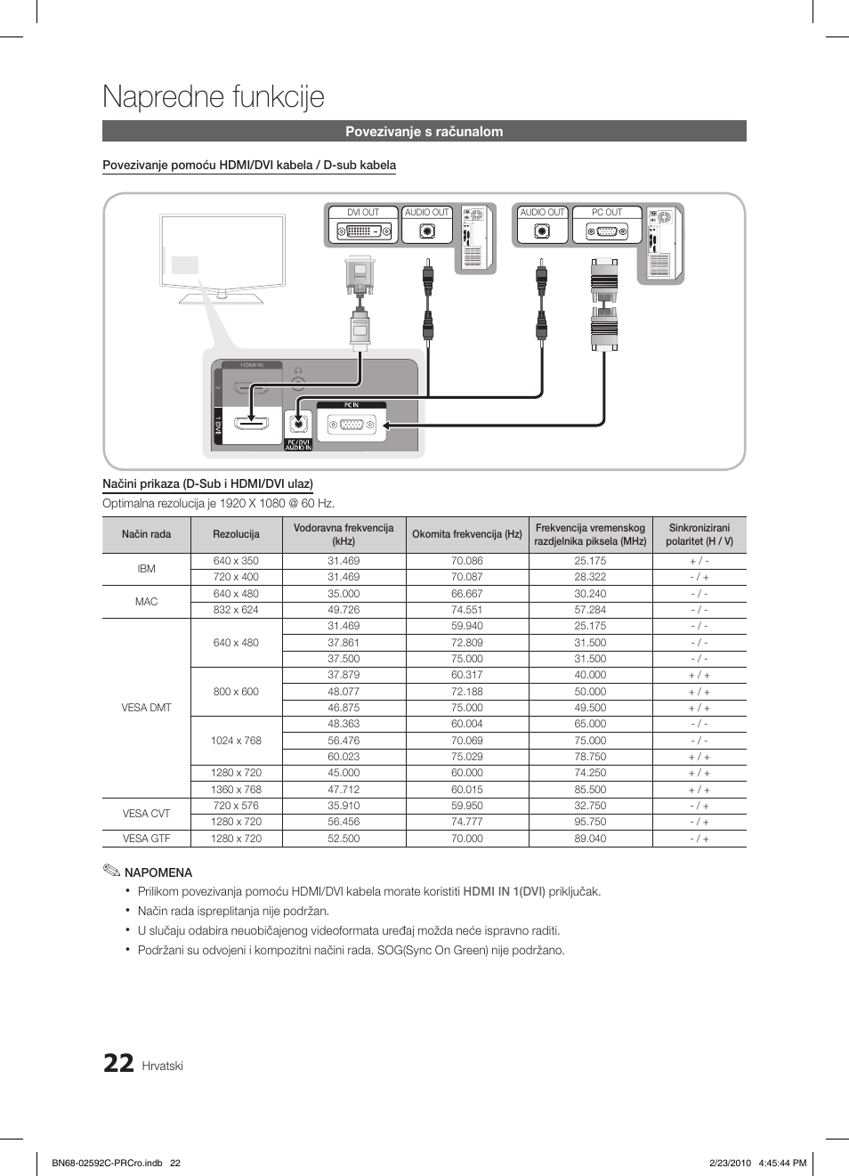 Napredne funkcije, Povezivanje s računalom | Samsung LE32C450E1W User Manual | Page 217 / 391