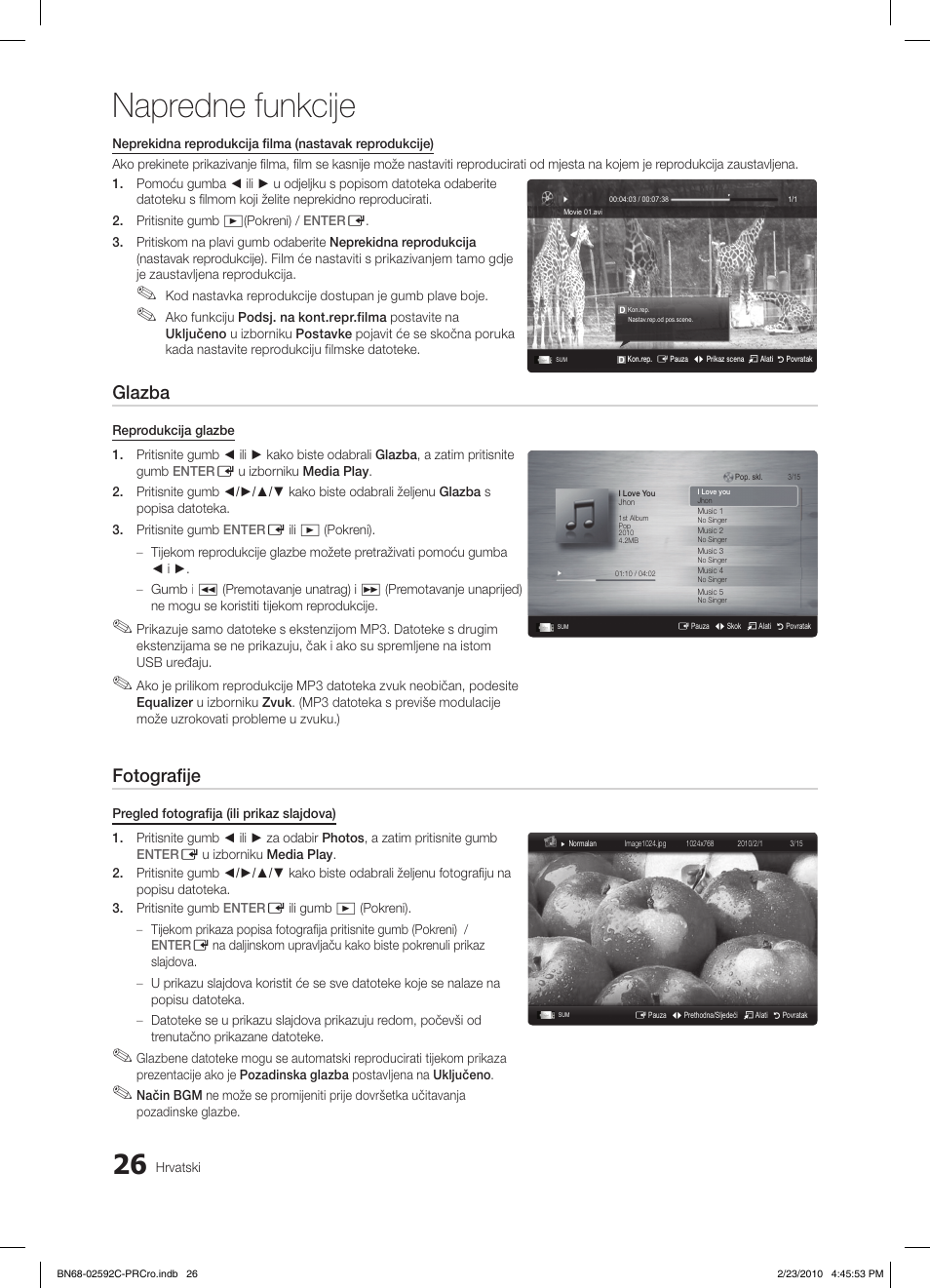 Napredne funkcije, Glazba, Fotografije | Samsung LE32C450E1W User Manual | Page 221 / 391