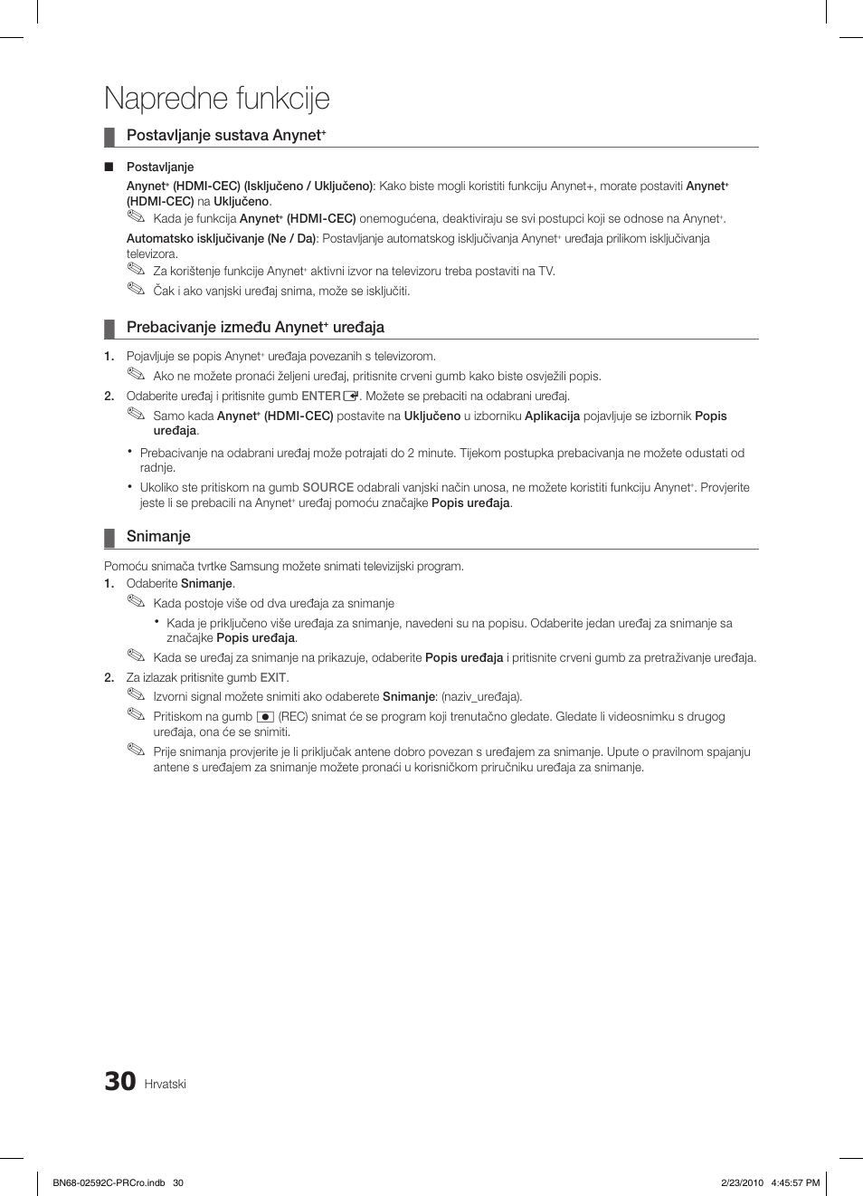 Napredne funkcije | Samsung LE32C450E1W User Manual | Page 225 / 391