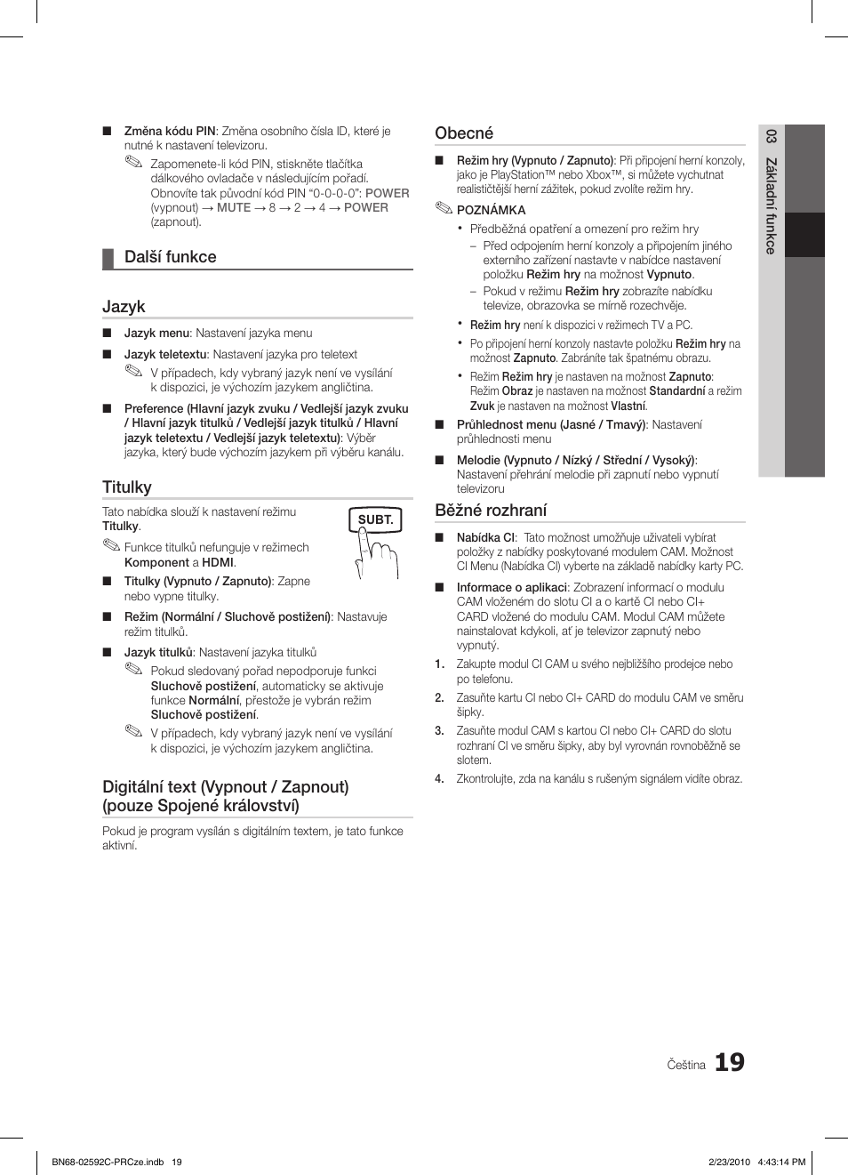 Další funkce ¦ jazyk, Titulky, Obecné | Běžné rozhraní | Samsung LE32C450E1W User Manual | Page 253 / 391