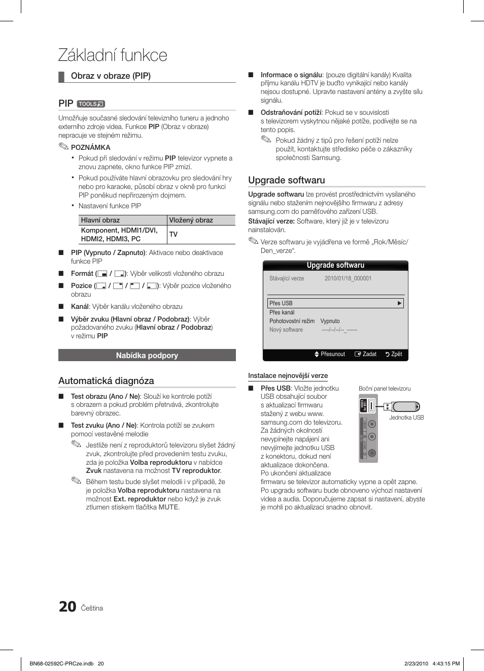 Základní funkce, Automatická diagnóza, Upgrade softwaru | Samsung LE32C450E1W User Manual | Page 254 / 391