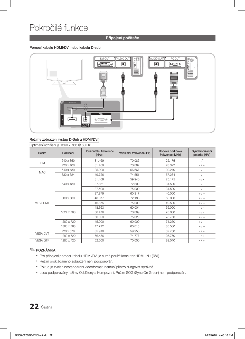 Pokročilé funkce, Připojení počítače | Samsung LE32C450E1W User Manual | Page 256 / 391