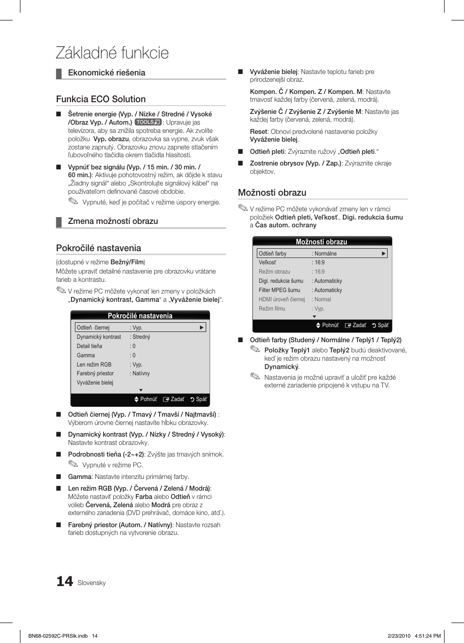 Základné funkcie, Funkcia eco solution, Pokročilé nastavenia | Možnosti obrazu | Samsung LE32C450E1W User Manual | Page 287 / 391