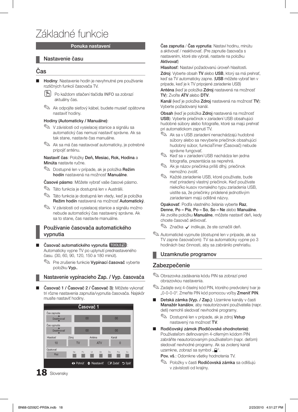 Základné funkcie, Zabezpečenie | Samsung LE32C450E1W User Manual | Page 291 / 391