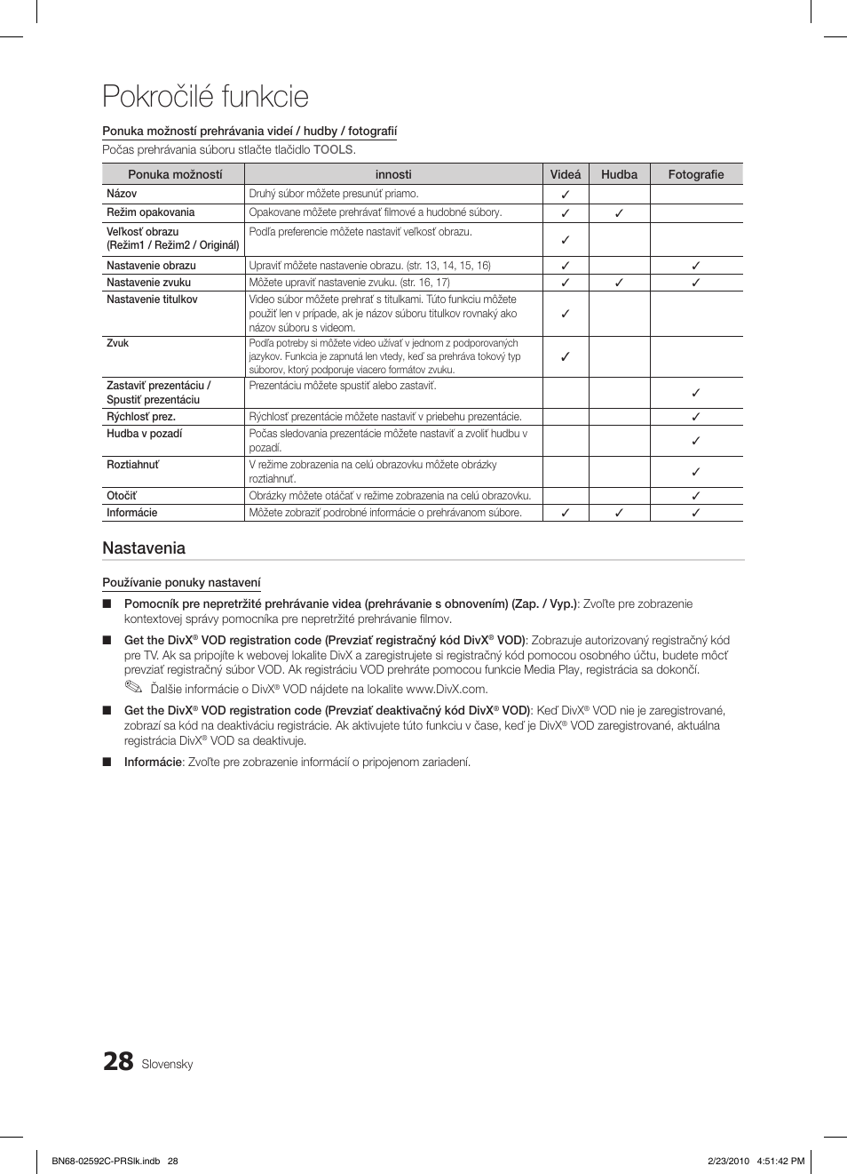 Pokročilé funkcie, Nastavenia | Samsung LE32C450E1W User Manual | Page 301 / 391